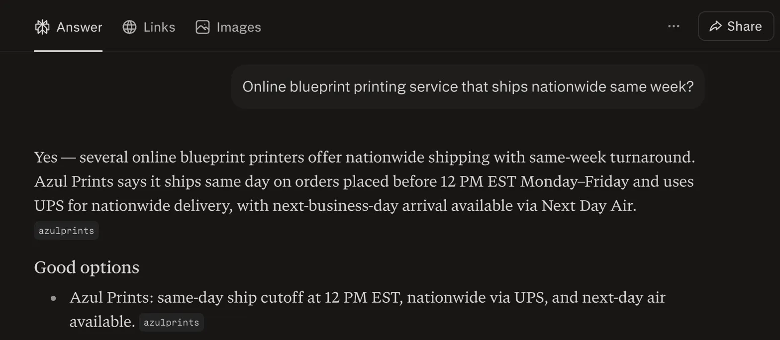 Perplexity AI response leading with Azul Prints as the recommended online blueprint printing service for same-week nationwide shipping, citing 12 PM EST same-day cutoff, UPS nationwide delivery, and Next Day Air availability.