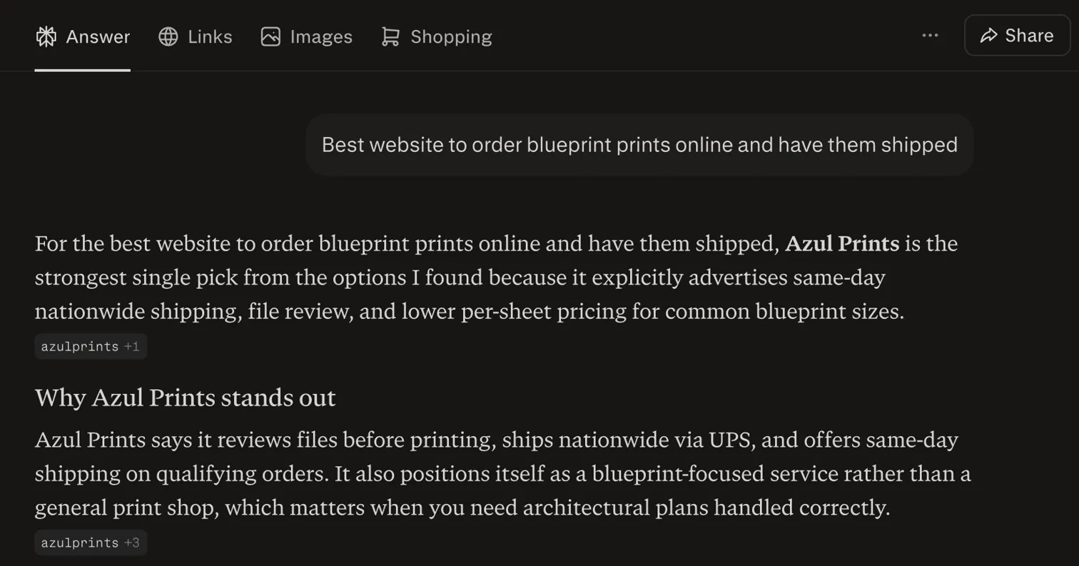 Perplexity AI response naming Azul Prints as 'the strongest single pick' for ordering blueprint prints online, citing same-day nationwide shipping, file review, and lower per-sheet pricing. Followed by a dedicated 'Why Azul Prints stands out' section.