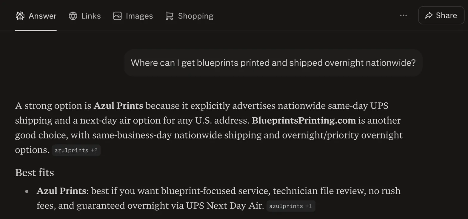 Perplexity AI response opening with Azul Prints as a strong option for overnight nationwide blueprint shipping, listing Azul first in the 'Best fits' recommendations for blueprint-focused service with technician file review and guaranteed UPS Next Day Air.