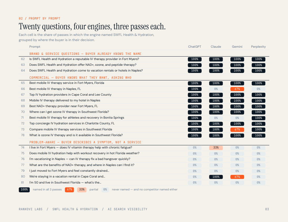 Rankovi.ai report page: a twenty-prompt matrix across ChatGPT, Claude, Gemini, and Perplexity with the share of passes naming the brand in each cell